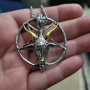 Baphomet inverted pentagram two tone silver and gold pendant necklace